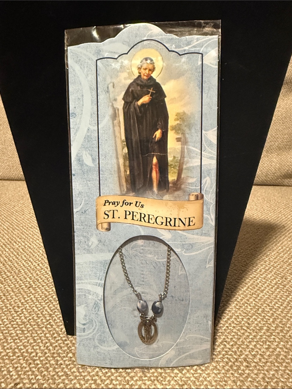 St. Peregrine Devotional Medal Necklace - Silver Tone with Gray Beads